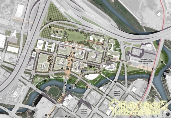 “Bayou Commons”方案整體規劃圖 城市設計競賽 世界園林 規劃設計 中國風景園林網