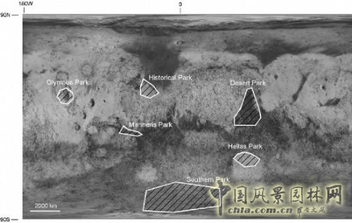 火星地圖顯示了六個(gè)可能的行星公園的位置