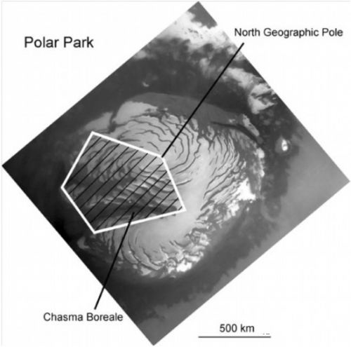 火星北極地區(qū)的地圖顯示了一個(gè)可能的極地公園