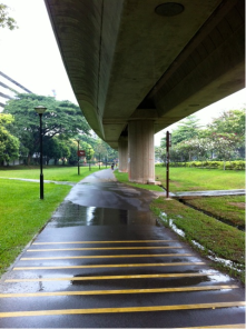 這是輕軌下的自行車道，旁邊有小分叉通到住宅樓里和人行道