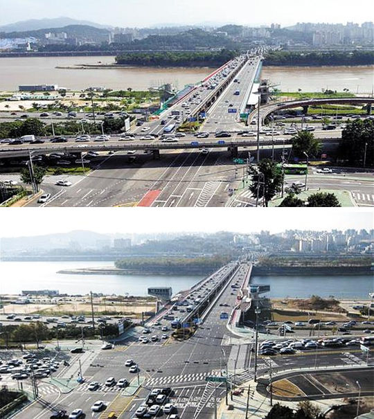 首爾漢江大橋北段高架橋拆除前（照片上）和拆除后（照片下）的樣子。