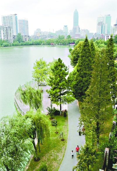 菱角湖公園環湖步道是周邊居民早晚步行、慢跑的首選