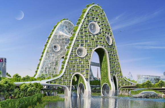 “橋式大樓”是一組雙塔式結(jié)構(gòu)形式,分布有寬大的漏斗形穿孔