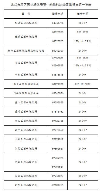 北京市各區(qū)野生動物違法線索舉報電話