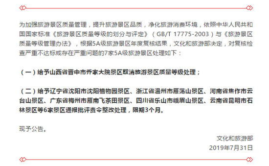 文旅部：取消喬家大院5A旅游景區質量等級